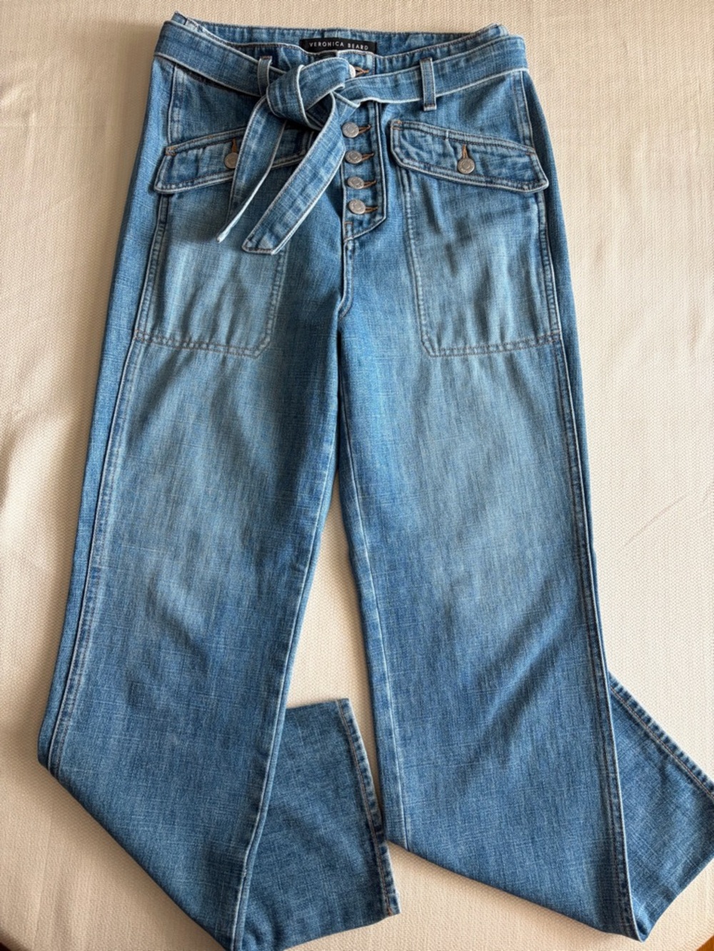 Veronica Beard Straight-Leg Cropped Button Fly Tie Waist Rinley Jeans Sz 27 EUC